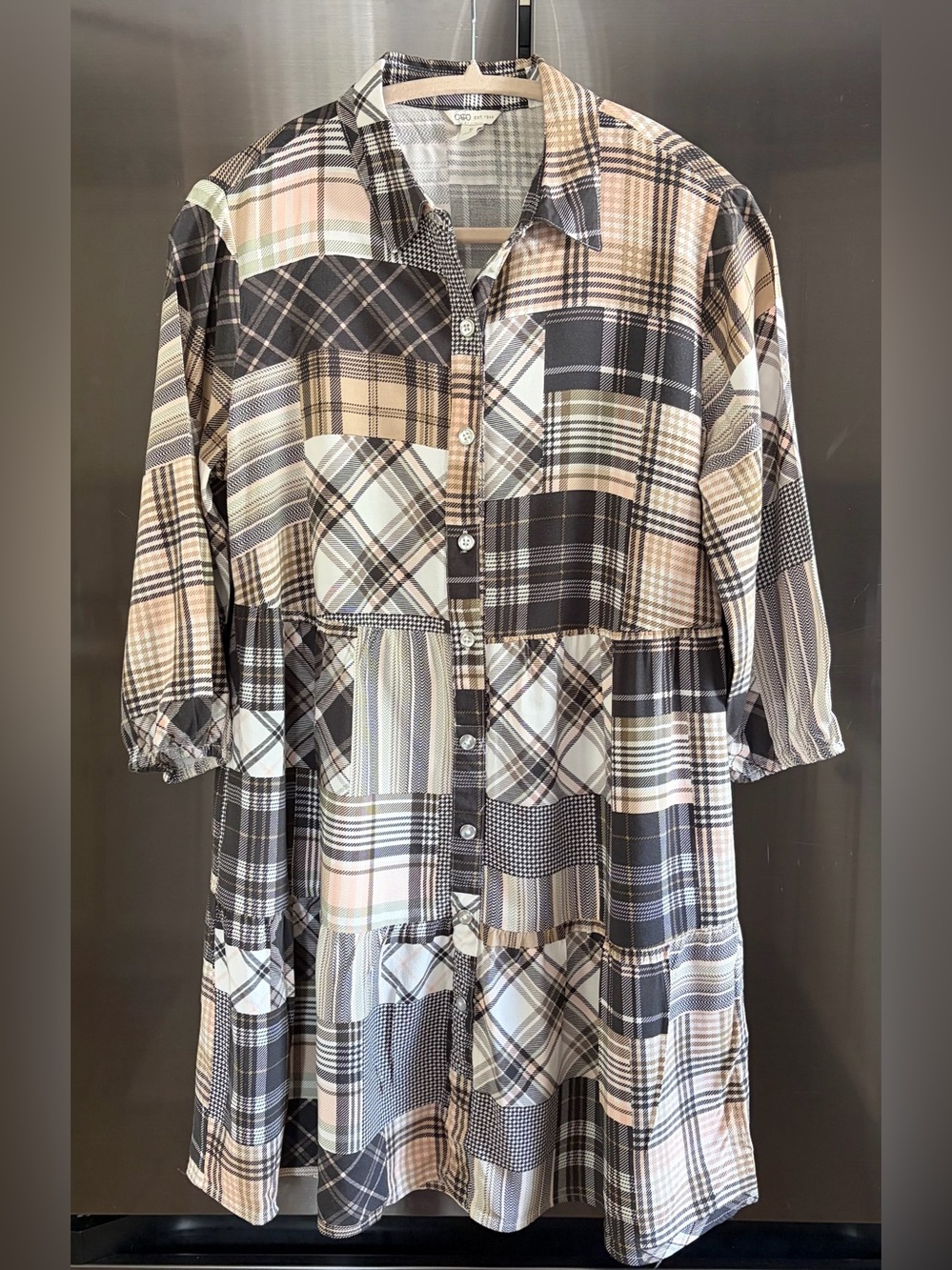 Cato Patchwork Plaid Tiered Babydoll Shirt Dress Sz S EUC Grandma Cozy Cabin